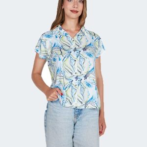 Blusa mujer punto manga caída corta cuello camisero estampado abstracto en azules y verdes