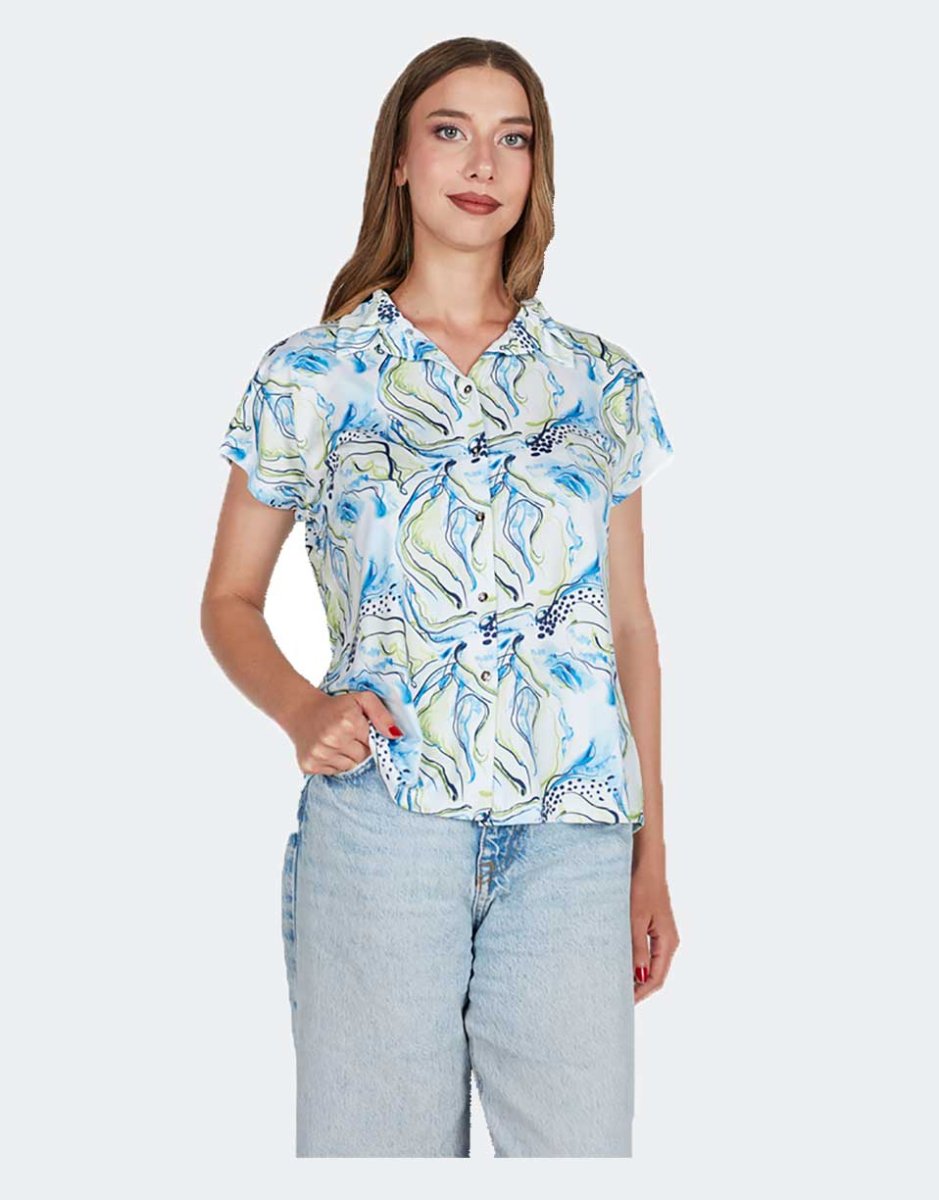 Blusa mujer punto manga caída corta cuello camisero estampado abstracto en azules y verdes - Imagen 2