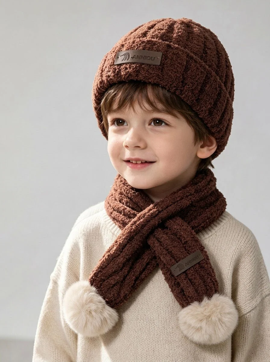 Kid Fuzzy Plush Knitted Hat Scarf Winter Set - Imagen 8
