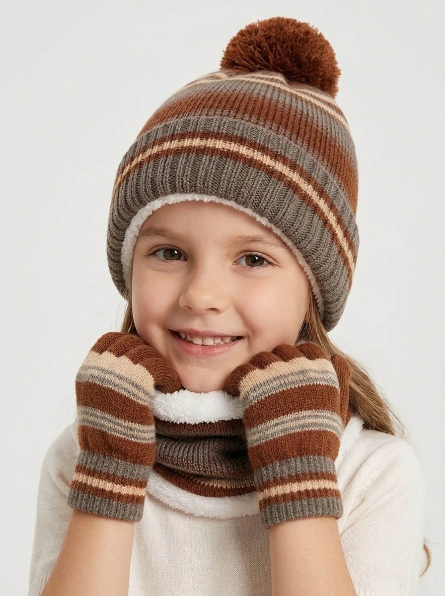 Kids Stripe Plush Pom Knit Hat Scarf Gloves Set - Imagen 7