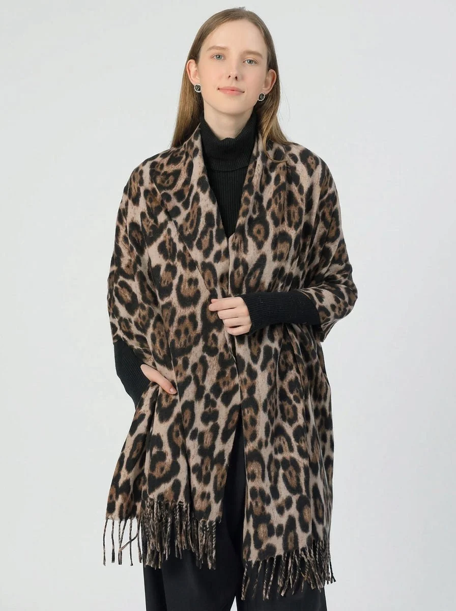 Women Leopard Print Fringe Scarf - Imagen 6