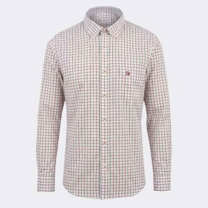 Camisa tela fina manga larga de hombre fondo blanco con cuadro fino granate y verde