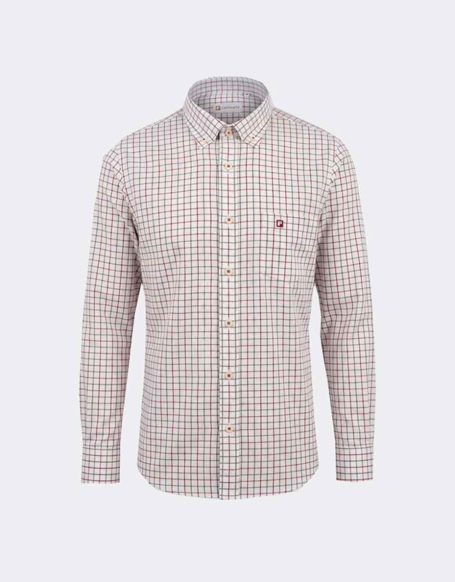 Camisa tela fina manga larga de hombre fondo blanco con cuadro fino granate y verde - Imagen 2