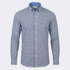 Camisa hombre tela fina manga larga a cuadros pequeños azul y negro