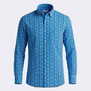Camisa hombre tela fina manga larga estampado florecitas en azul