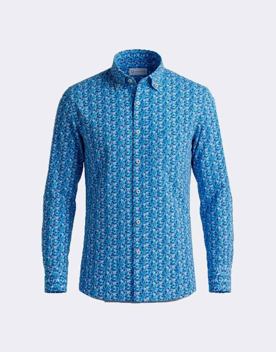 Camisa hombre tela fina manga larga estampado florecitas en azul - Imagen 2