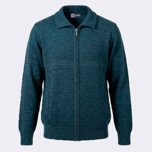 Chaqueta punto fino de hombre con cremallera y bolsillos con pequeña línea en el pecho