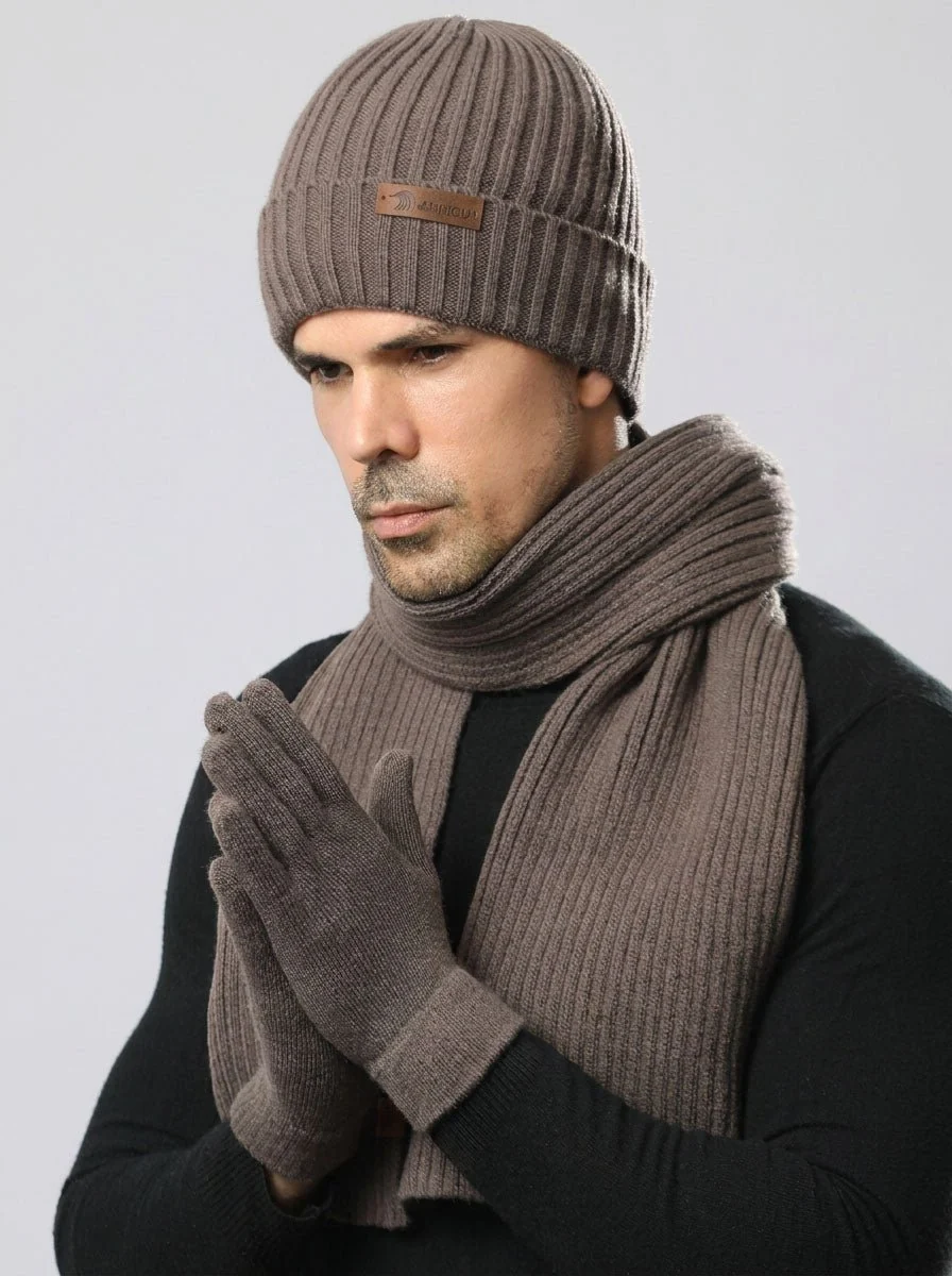 Men Knit Hat Scarf Gloves Set - Imagen 5