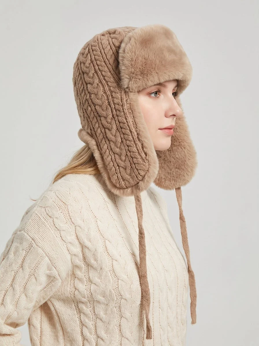 Women Knit Faux Fur Ear Flap Trapper Hat - Imagen 8