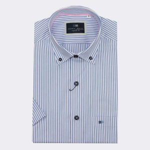 Camisa hombre MANGA CORTA raya azul y línea fina rosa
