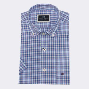 Camisa hombre MANGA CORTA cuadro pequeño azul con rojo