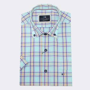 Camisa hombre MANGA CORTA cuadros verde, rojo, amarillo y rosa