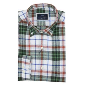 Camisa hombre manga larga FRANELA con cuadros crudos, verdes, naranjas y azules