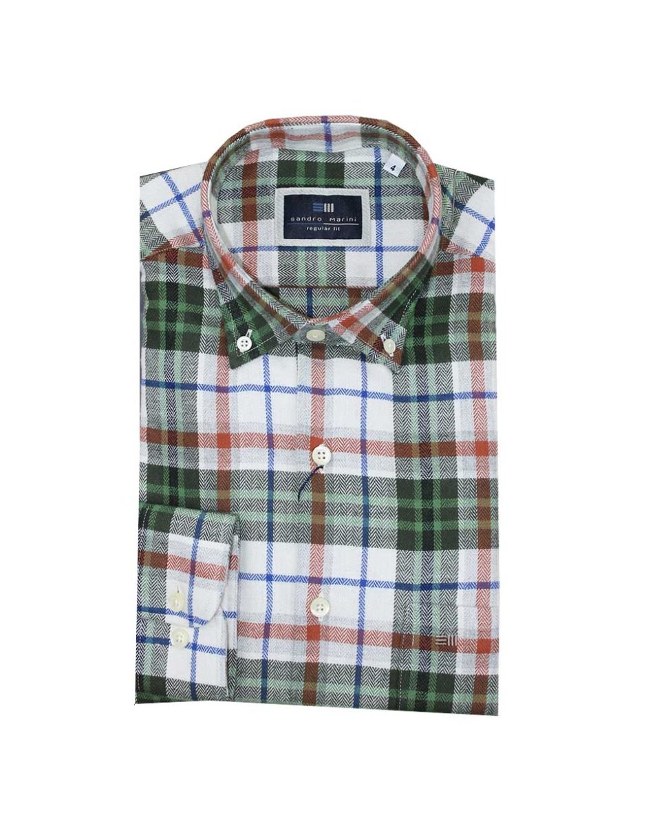 Camisa hombre manga larga FRANELA con cuadros crudos, verdes, naranjas y azules