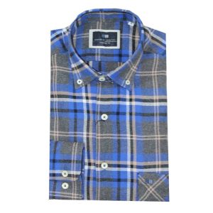 Camisa hombre manga larga FRANELA con cuadros gris, azul, marrón y blanco