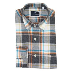 Camisa hombre manga larga FRANELA con cuadros gris, naranja, azul turquesa y amarillo