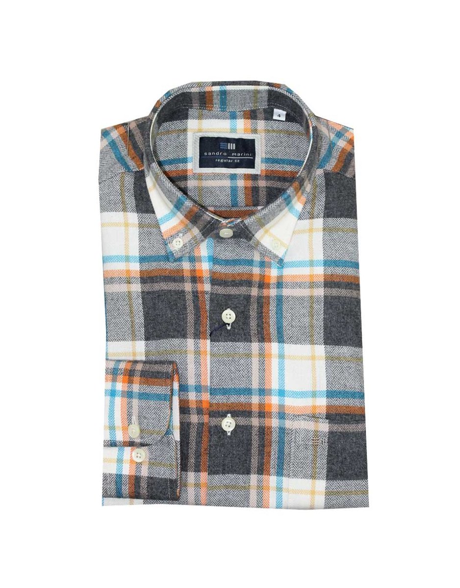 Camisa hombre manga larga FRANELA con cuadros gris, naranja, azul turquesa y amarillo