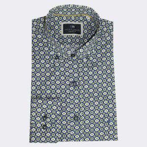 Camisa hombre manga larga TELA azul estampada con redonditas y cuadritos