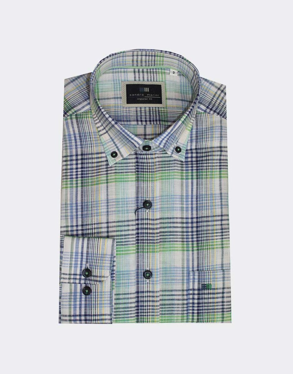 Camisa hombre manga larga TELA cuadros azules y verdes