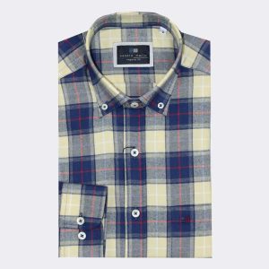 Camisa hombre manga larga VIELLA, cuadros medianos en crudo y azul marino, con raya fina roja