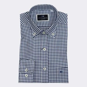 Camisa hombre manga larga VIELLA, cuadros pequeños azul marino