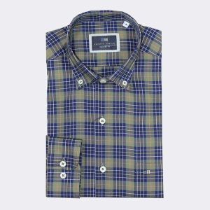 Camisa hombre manga larga VIELLA, cuadros verdes, marinos y líneas de varios colores