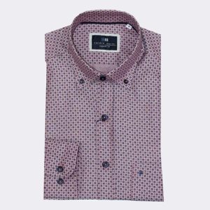 Camisa para hombre manga larga granate con pequeña flor azul marino