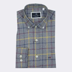 Camisa hombre manga larga VIELLA, gris con cuadro raya granate, amarillo y azul