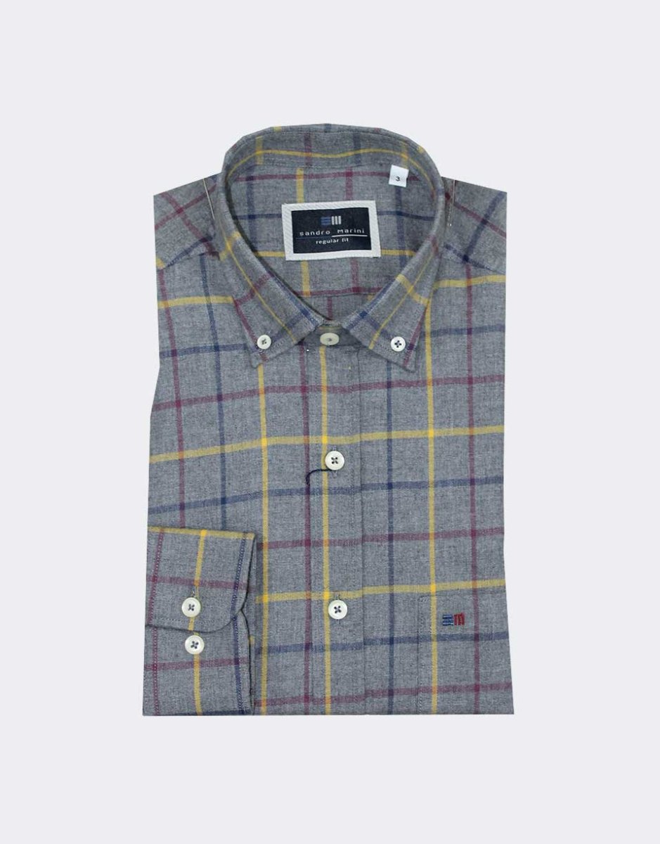 Camisa hombre manga larga VIELLA, gris con cuadro raya granate, amarillo y azul - Imagen 2