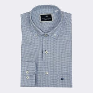 Camisa hombre manga larga VIELLA, pequeña ‘pata de gallo’ en celeste y blanco