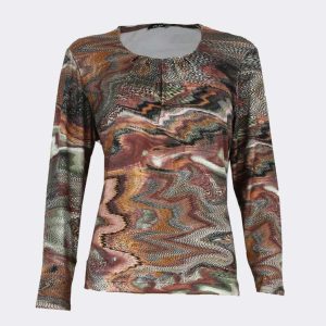 Camiseta mujer punto cuello redondo con pequeño fruncido, estampado abstracto ‘ruido’