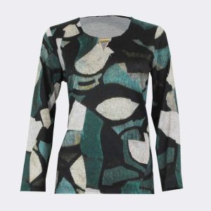 Camiseta mujer punto gordito cuello, estampado abstracto en verdes  negros y beig con detalle metálico en el cuello