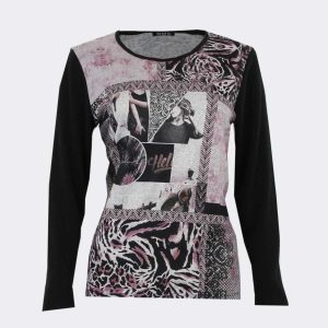 Camiseta mujer punto gordito cuello, estampado con cuadros con ‘animal print’ foto chica difuminados…