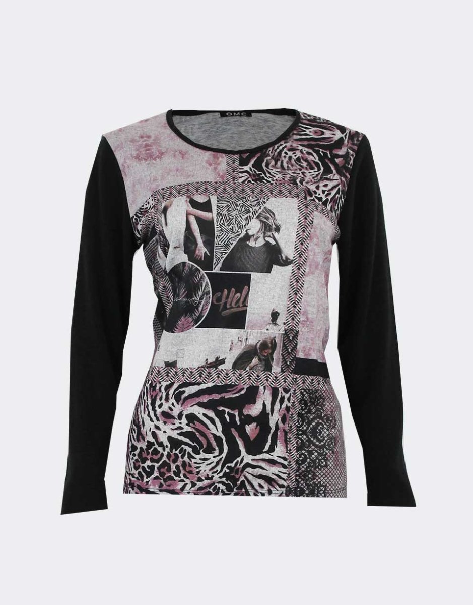 Camiseta mujer punto gordito cuello, estampado con cuadros con ‘animal print’ foto chica difuminados…