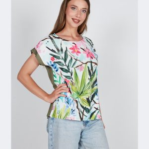 Camiseta mujer manga caída corta delante tela detrás punto estampado ‘floral’
