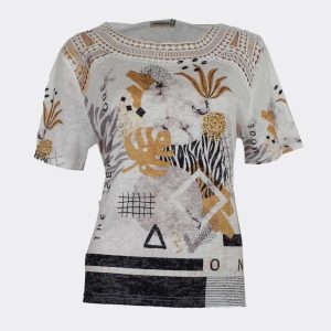 Camiseta mujer punto fino estampado abstracto con hojas, detalle puntilla en escote