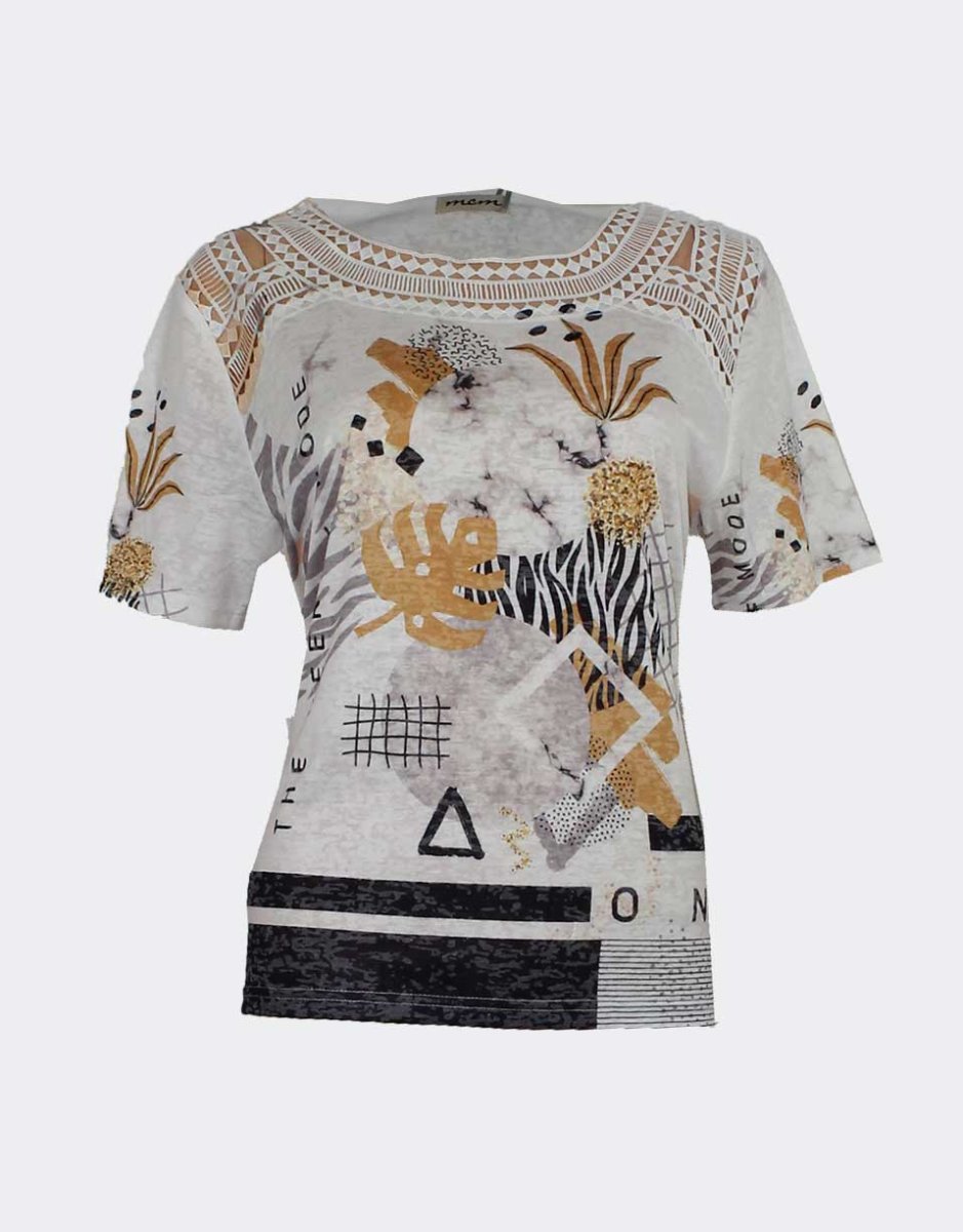 Camiseta mujer punto fino estampado abstracto con hojas, detalle puntilla en escote - Imagen 2