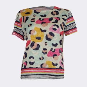 Camiseta mujer punto fino estampado abstracto de colorines y detrás rayas