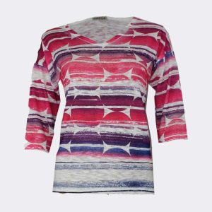 Camiseta mujer punto manga 3/4 cuello pico estampado círculos en rosas y lilas