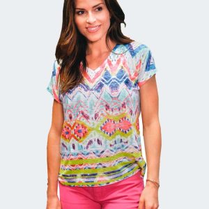 Camiseta mujer punto manga corta cuello pico estampado geométrico efecto acuarela de colorines
