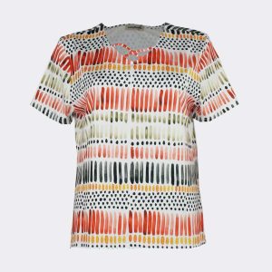 Camiseta mujer punto manga corta estampado rayas y puntos con detalle cuello