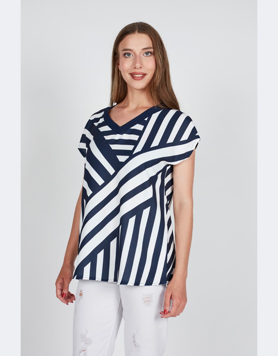 Camiseta mujer tela manga caida escote pico ‘marinera’ en marino - Imagen 2
