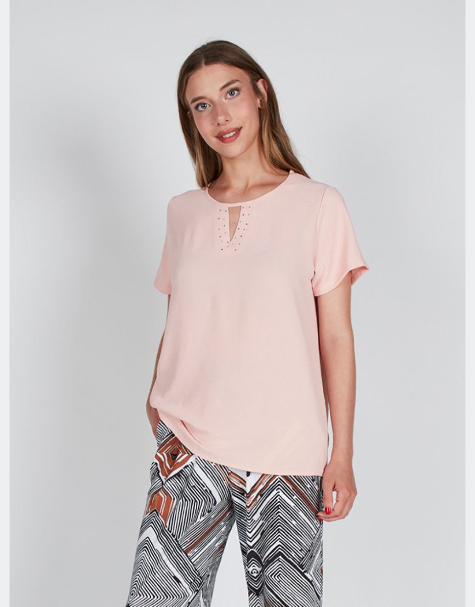 Camiseta mujer tela manga corta cuello redondo con detalle brillantes - Imagen 2