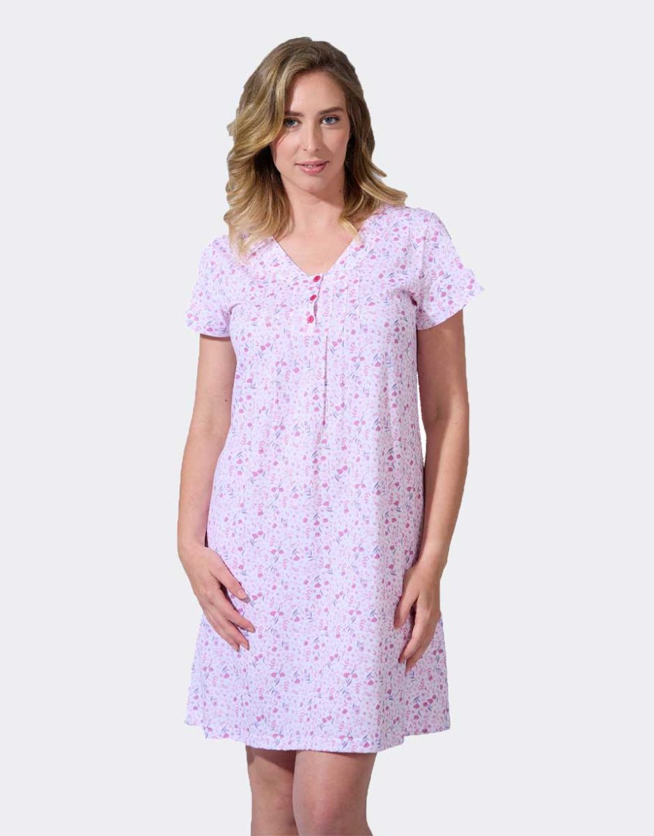 Camisón mujer punto algodón manga corta con tapeta botones con jarretas estampado flores - Imagen 2