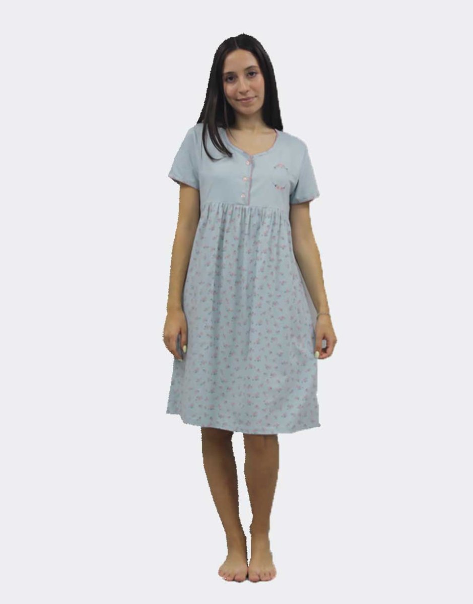 Camisón mujer punto manga corta tapeta tres botones, canesú liso con detalle bordado, estampado flores