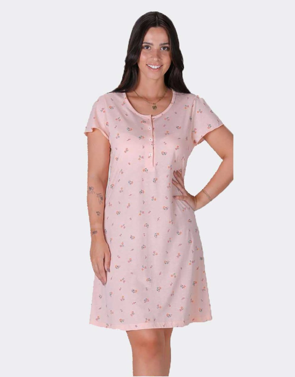 Camisón mujer punto manga corta tapeta tres botones, rosa con florecitas