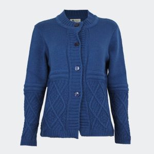 Chaqueta mujer punto grueso cuello redondo franja de rombos en relieve
