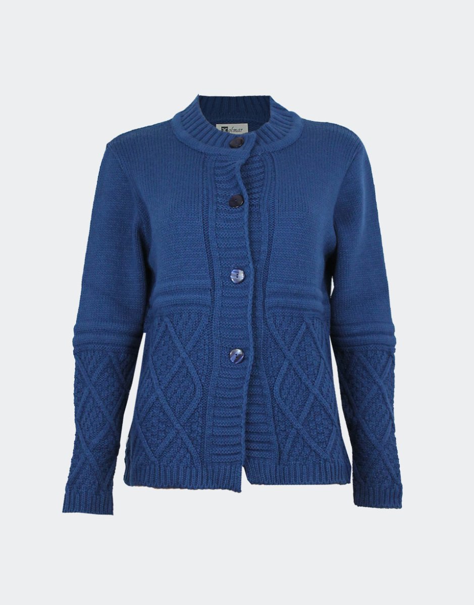 Chaqueta mujer punto grueso cuello redondo franja de rombos en relieve
