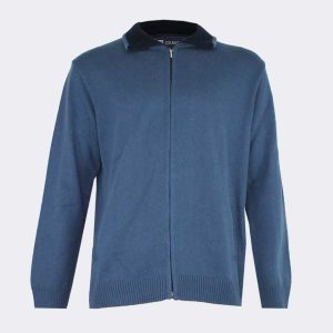 Chaqueta hombre punto con cuello a color contraste, cremallera y bolsillos. VERANO