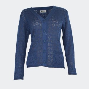 Chaqueta mujer punto calado cuello pico, botones con bolsillos. VERANO